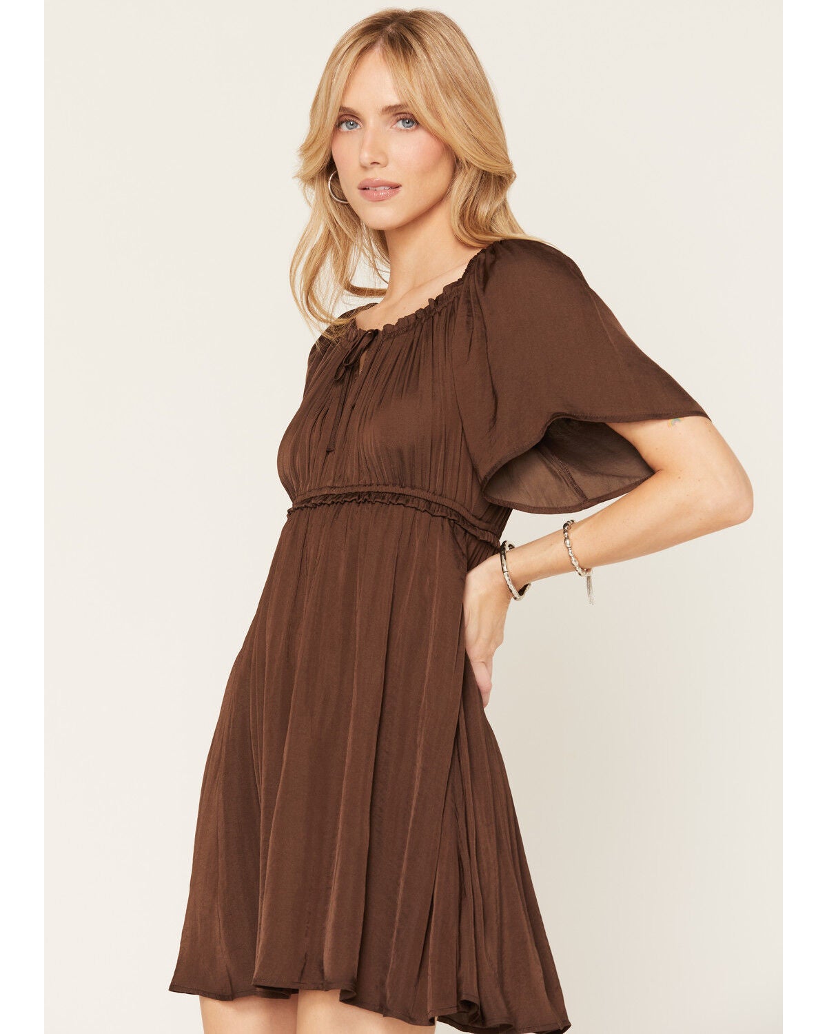 Image #2 - Shyanne Women's Hailey Satin Flounce Short Sleeve Mini Dress, Cognac, hi-res