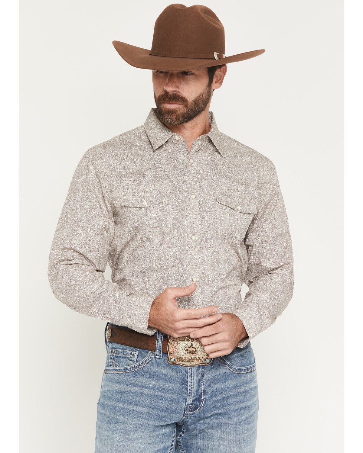 Image #1 - Gibson Trading Co Men's Mind Trap Paisley Print Long Sleeve Snap Western Shirt - Big, Ivory, hi-res