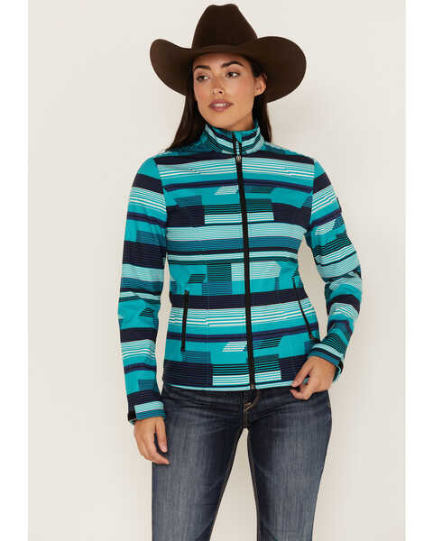 RANK 45® Women's Abstract Striped Softshell Jacket, Turquoise, hi-res
