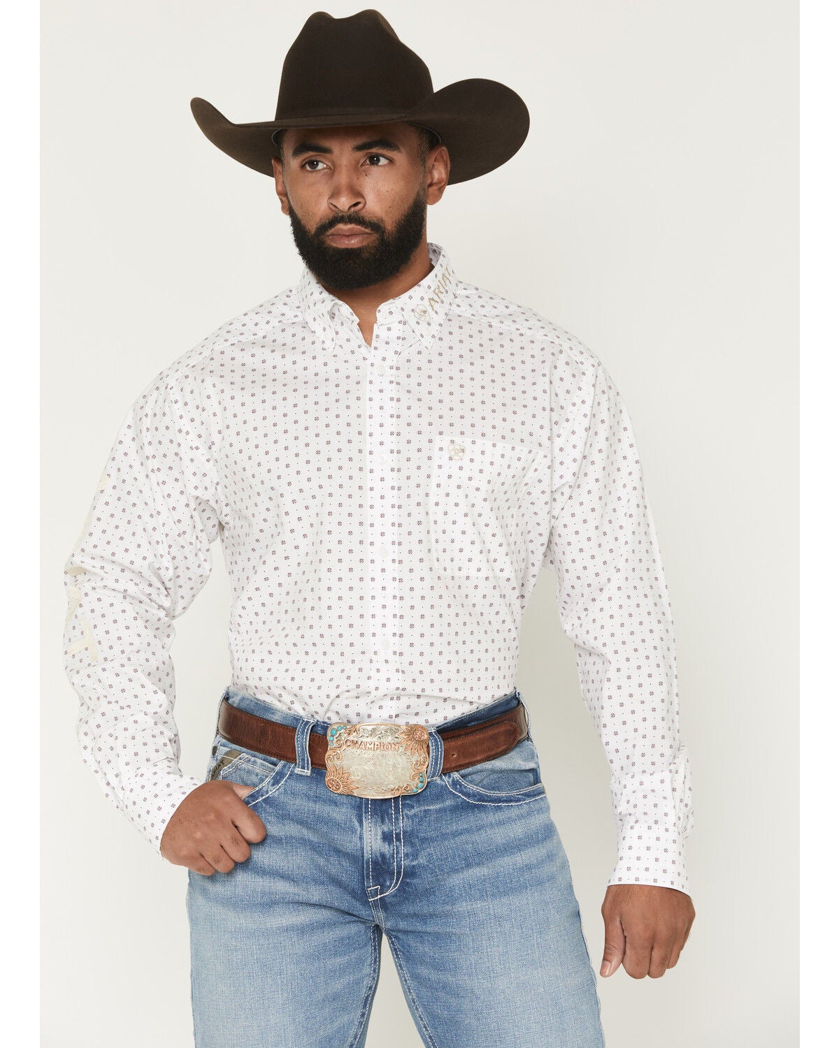 Image #1 - Ariat Men's Team Wake Geo Print Long Sleeve Button-Down Western Shirt, White, hi-res