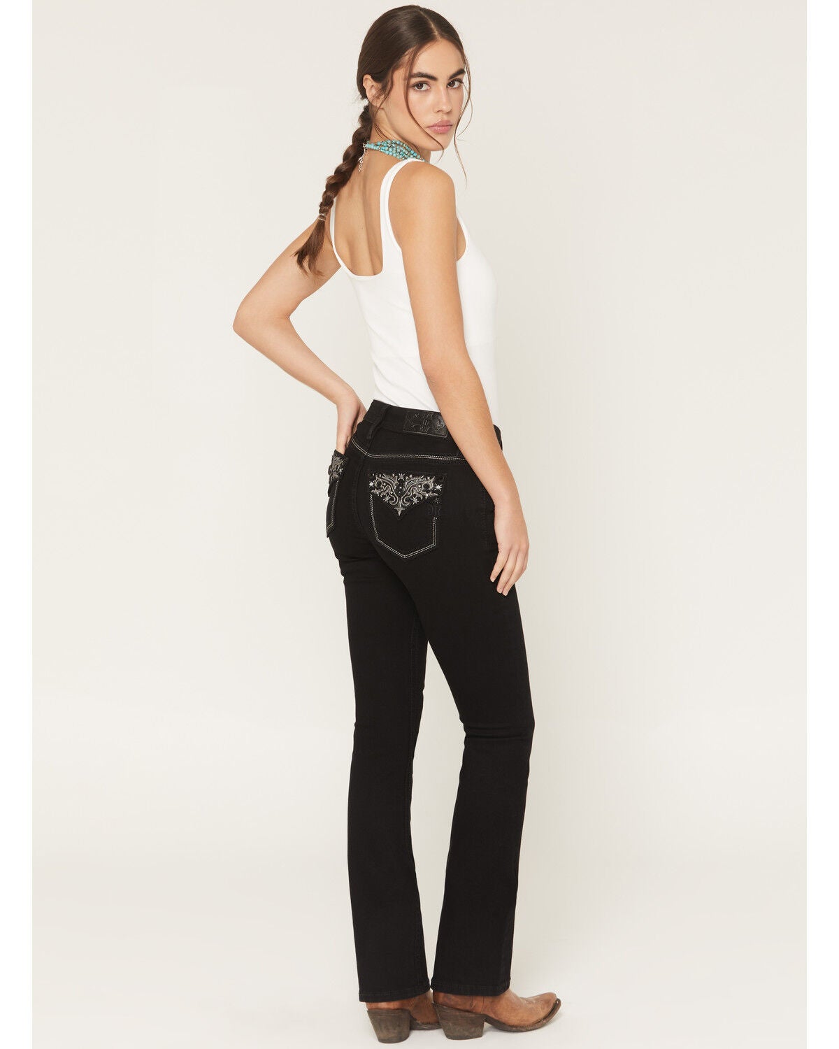 Image #1 - Miss Me Women's Mid Rise Embroidered Pocket 32" Bootcut Stretch Denim Jeans, Black, hi-res