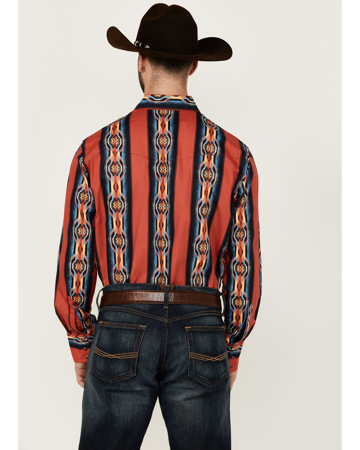 Image #4 - Wrangler Men's Checotah Southwestern Striped Print Long Sleeve Pearl Snap Western Shirt, Red, hi-res