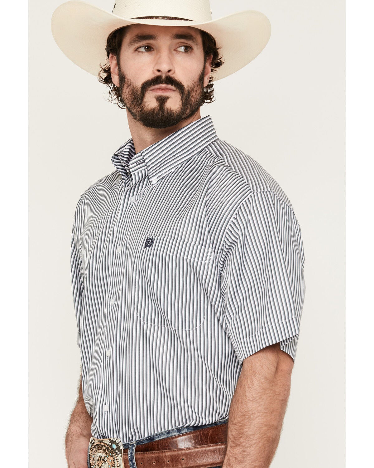 Image #2 - Cinch Men's Boot Barn Exclusive Striped Short Sleeve Button-Down Western Shirt, Blue, hi-res