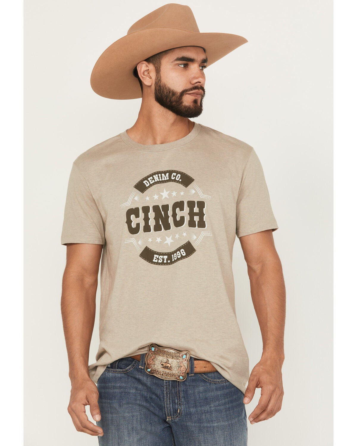 Cinch Men's Boot Barn Exclusive Logo Short Sleeve Graphic T-Shirt, Tan, hi-res
