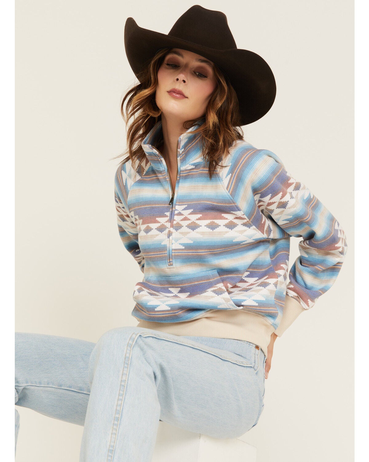 Shyanne Women's Southwestern Print Half Zip Pullover, Medium Blue, hi-res