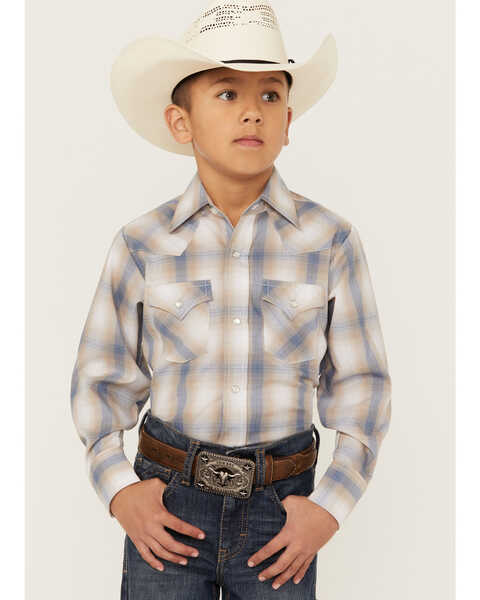 Image #1 - Ely Walker Boys' Textured Plaid Print Long Sleeve Pearl Snap Western Shirt, White, hi-res