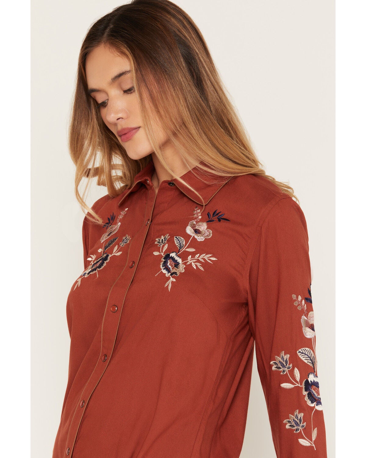 Image #2 - Shyanne Women's Linden Floral Embroidered Long Sleeve Pearl Snap Western Shirt, Brick Red, hi-res