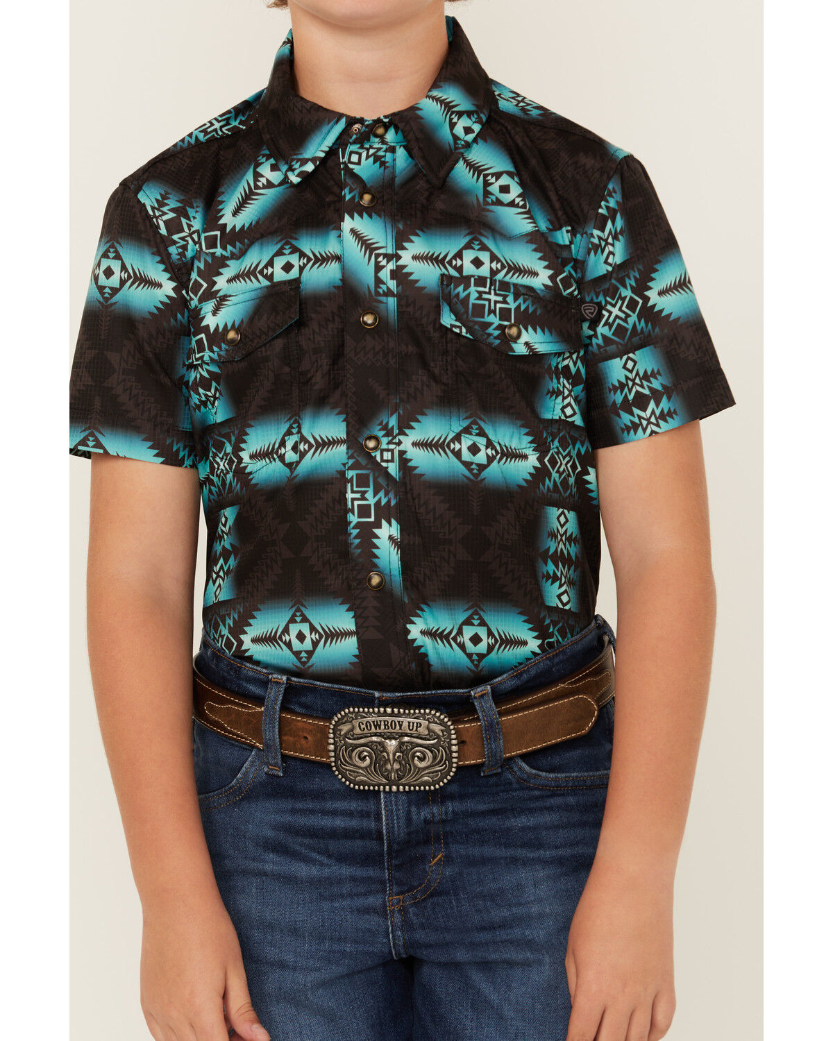 Image #3 - Rock & Roll Denim Boys' Southwestern Print Moisture Wicking Short Sleeve Snap Western Shirt, Teal, hi-res