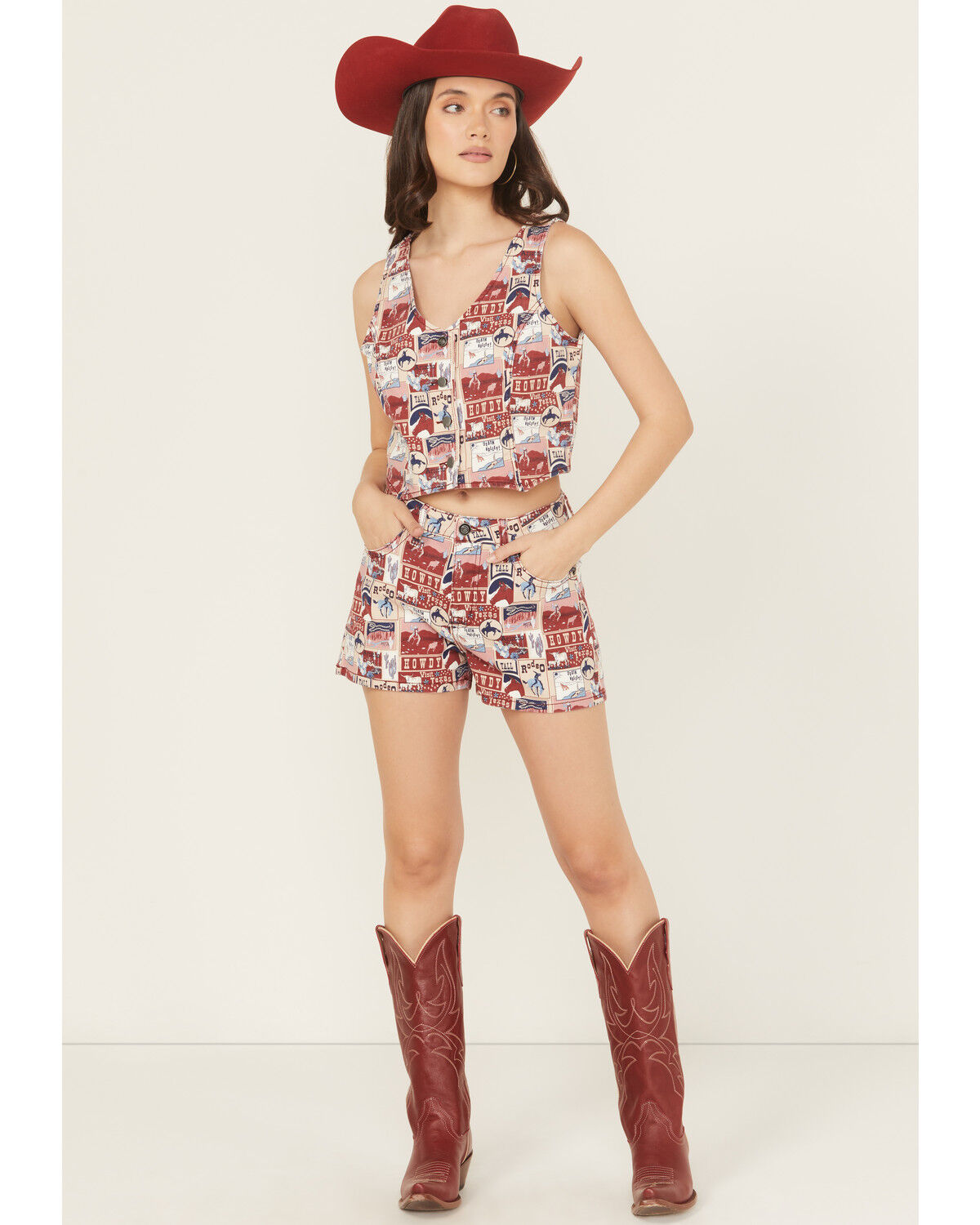 Image #1 - Rock & Roll Denim Women's High Rise Americana Print Stretch Denim Shorts, Red, hi-res