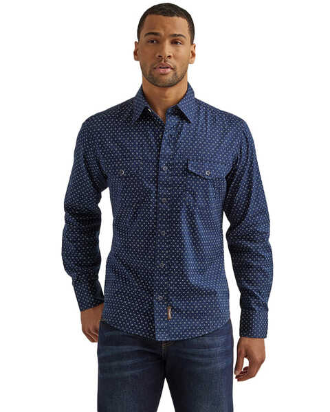 Wrangler Retro Men's Premium Geo Print Long Sleeve Button-Down Western Shirt , Navy, hi-res