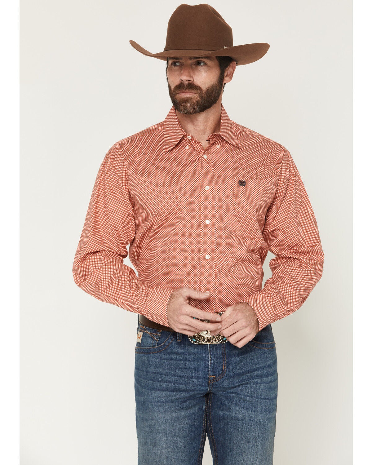 Image #1 - Cinch Men's Geo Print Long Sleeve Button-Down Stretch Western Shirt, Red, hi-res