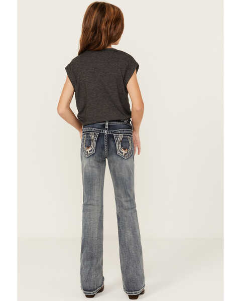 Grace in LA Girls' Medium Wash Horseshoe Embroidered Stretch Bootcut Jeans , Medium Wash, hi-res