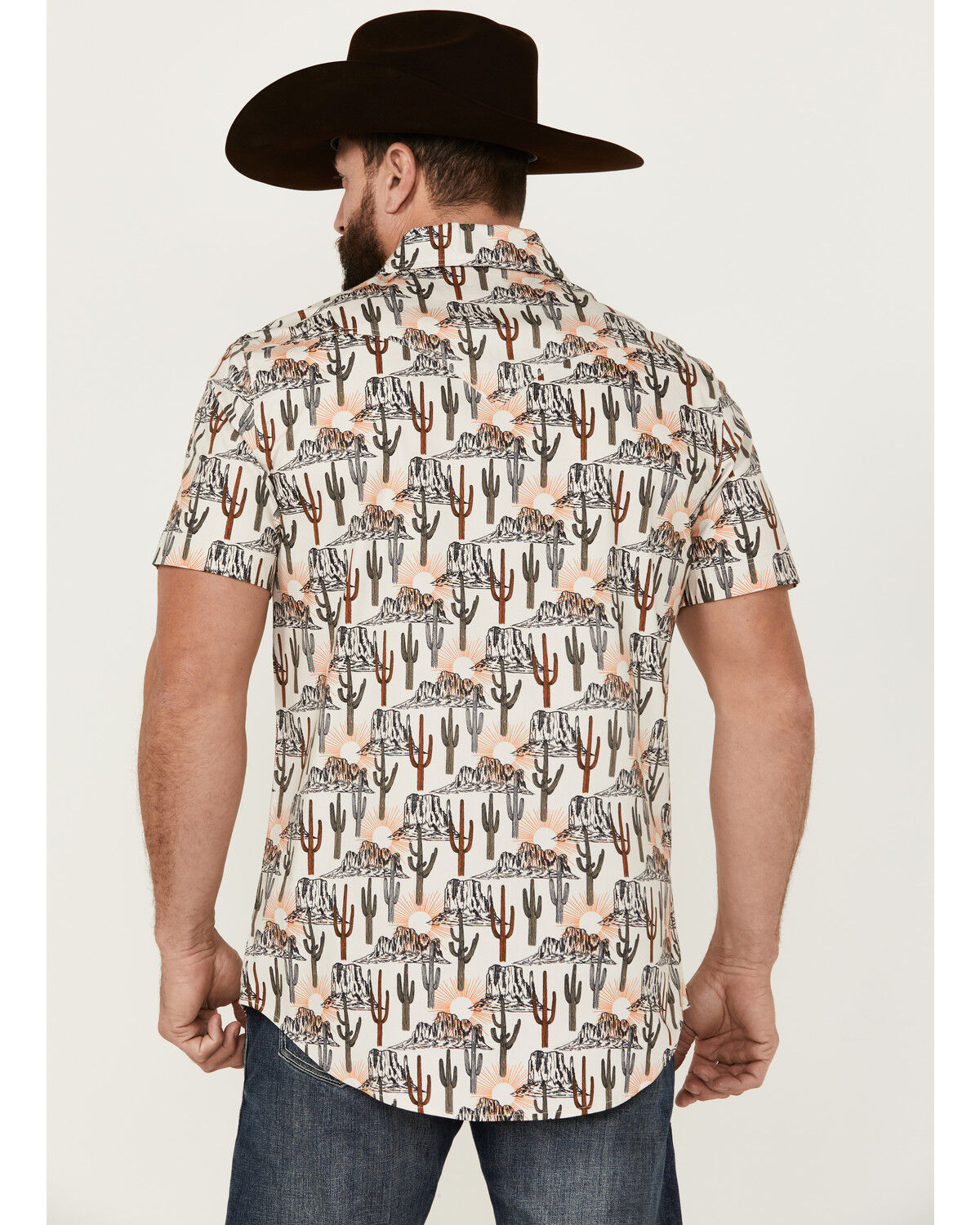 Image #4 - Rock & Roll Denim Men's Cactus Desert Print Short Sleeve Pearl Snap Stretch Western Shirt, Cream, hi-res