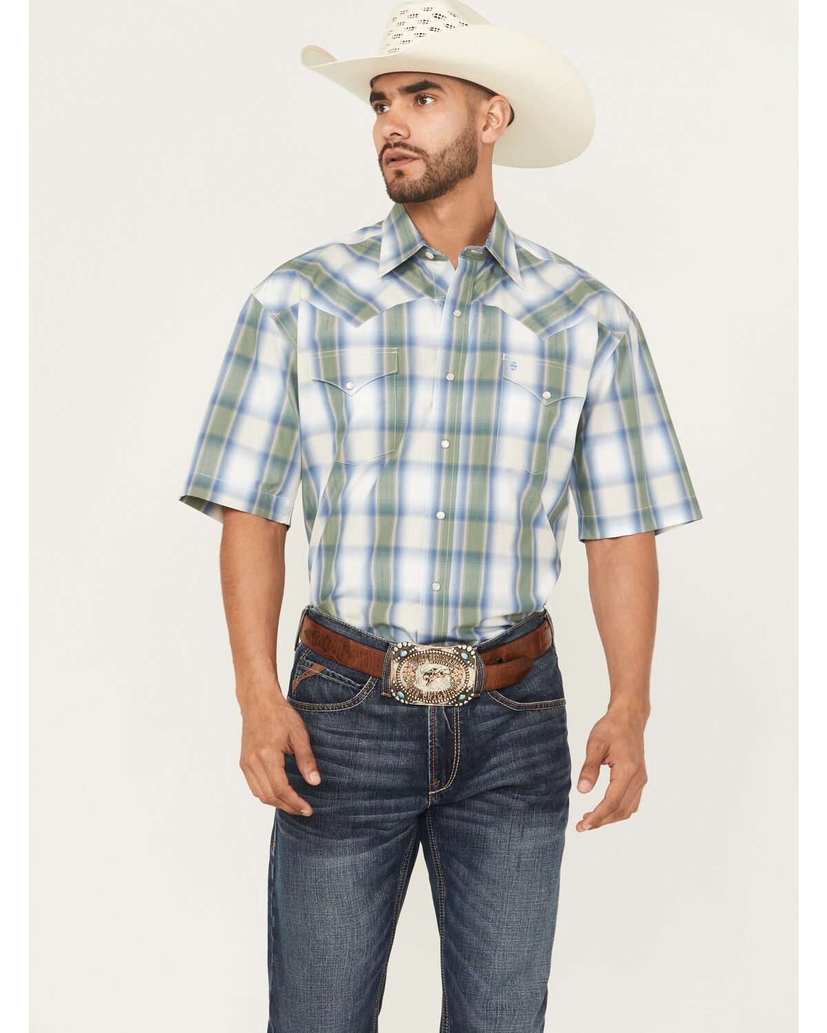 Image #1 - Stetson Men's Plaid Print Short Sleeve Snap Western Shirt, Blue, hi-res