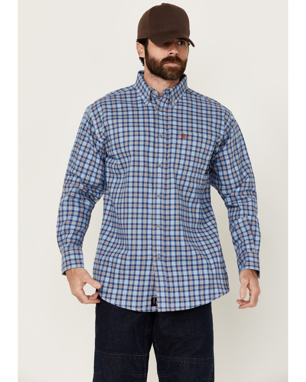 Image #1 - Ariat Men's FR Sierra Plaid Print Long Sleeve Button-Down Work Shirt, Blue, hi-res
