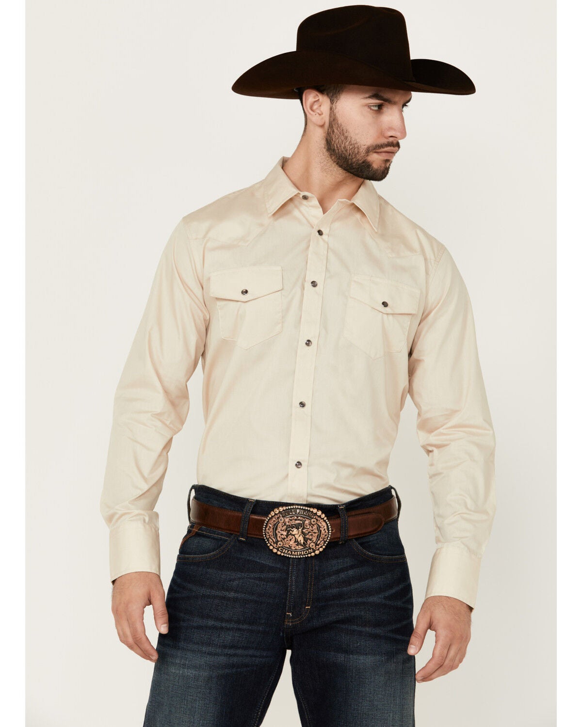 Image #1 - Gibson Men's Basic Solid Long Sleeve Pearl Snap Western Shirt - Big, Tan, hi-res