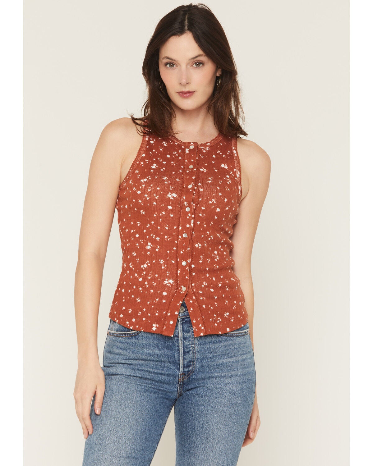 Image #1 - Blue Life Women's Evie Button-Up Pointelle Tank, Rust Copper, hi-res