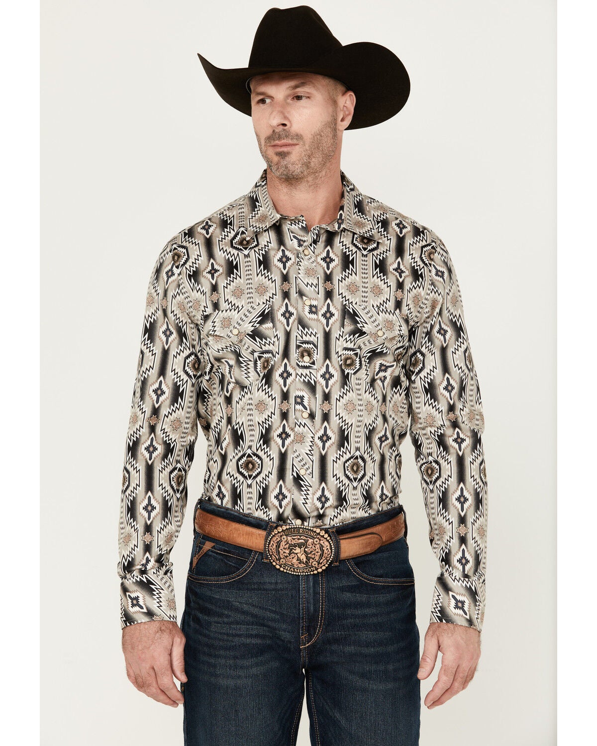 Rock & Roll Denim Men's Southwestern Long Sleeve Pearl Snap Stretch Western Shirt, Sand, hi-res