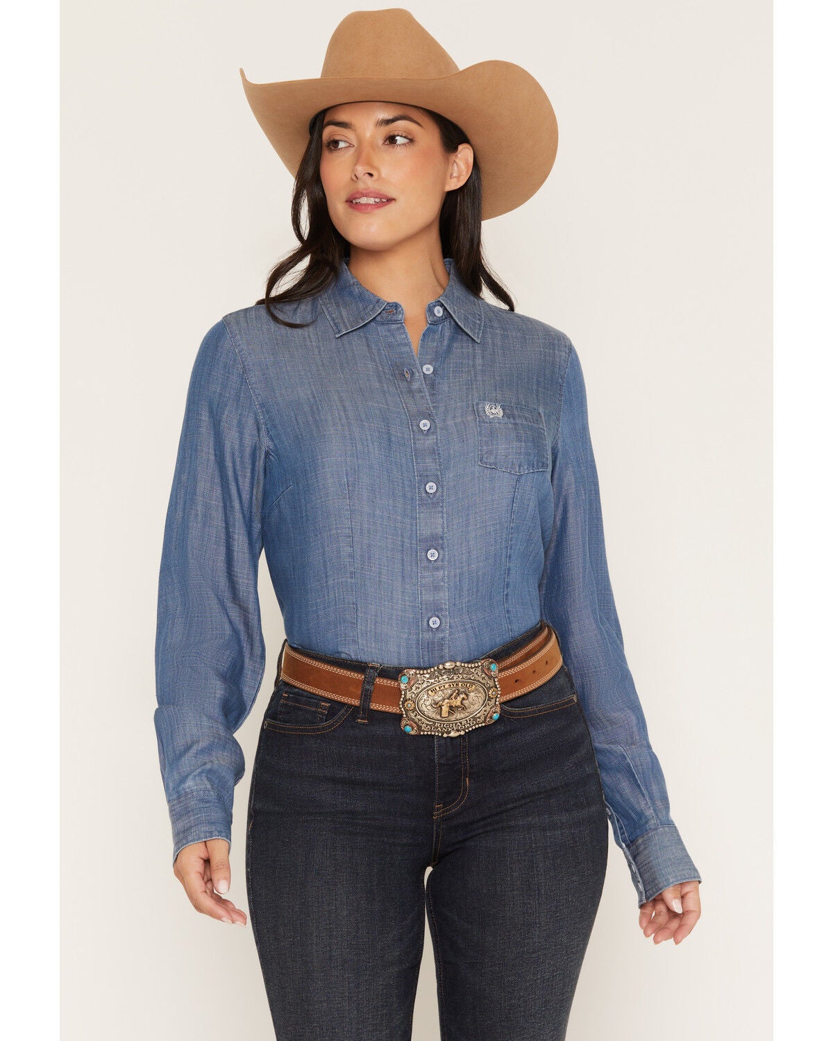 Cinch Women's Chambray Long Sleeve Button-Down Western Shirt, Indigo, hi-res