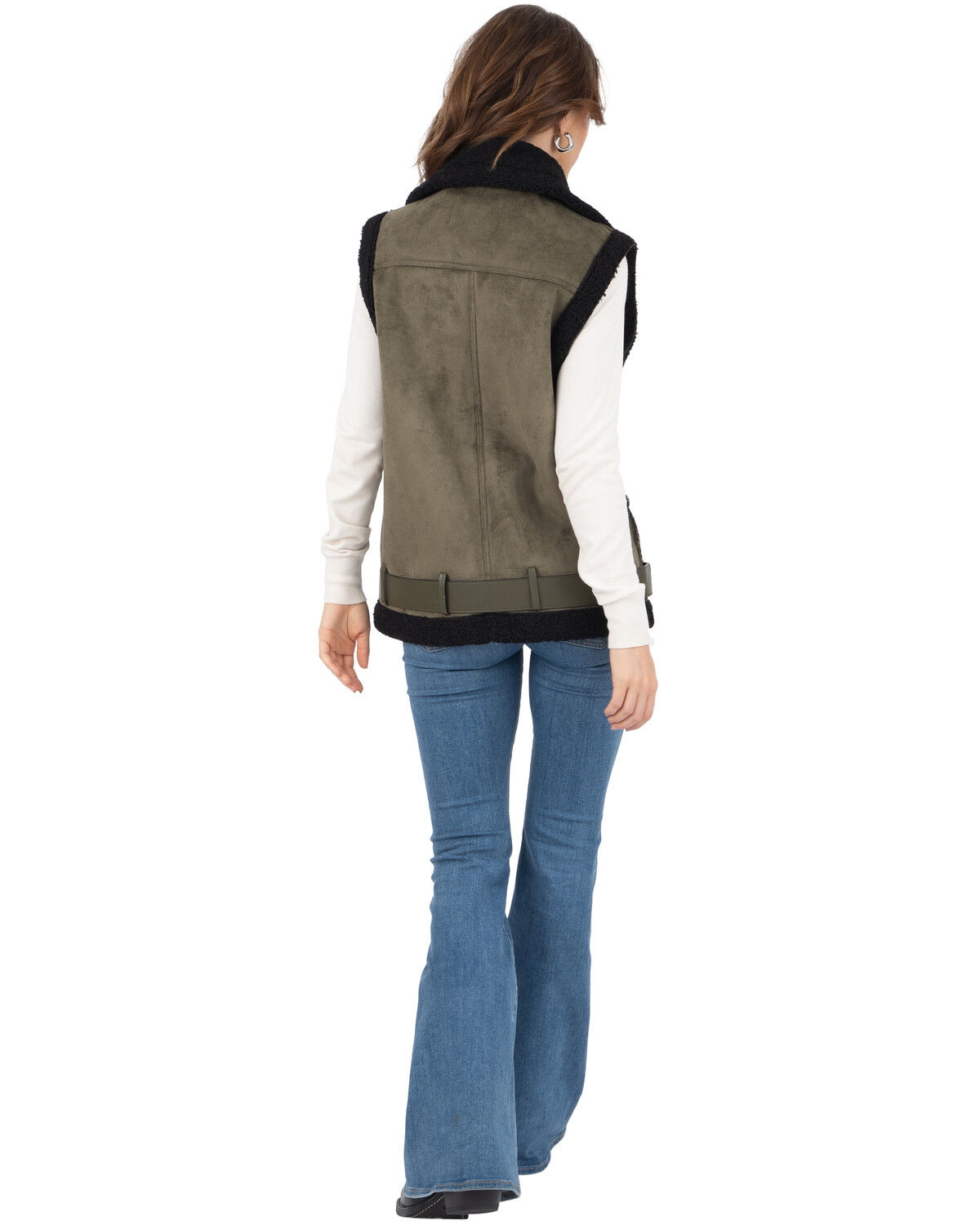 Image #5 - Frye Women's Belted Faux Shearling Vest, Olive, hi-res