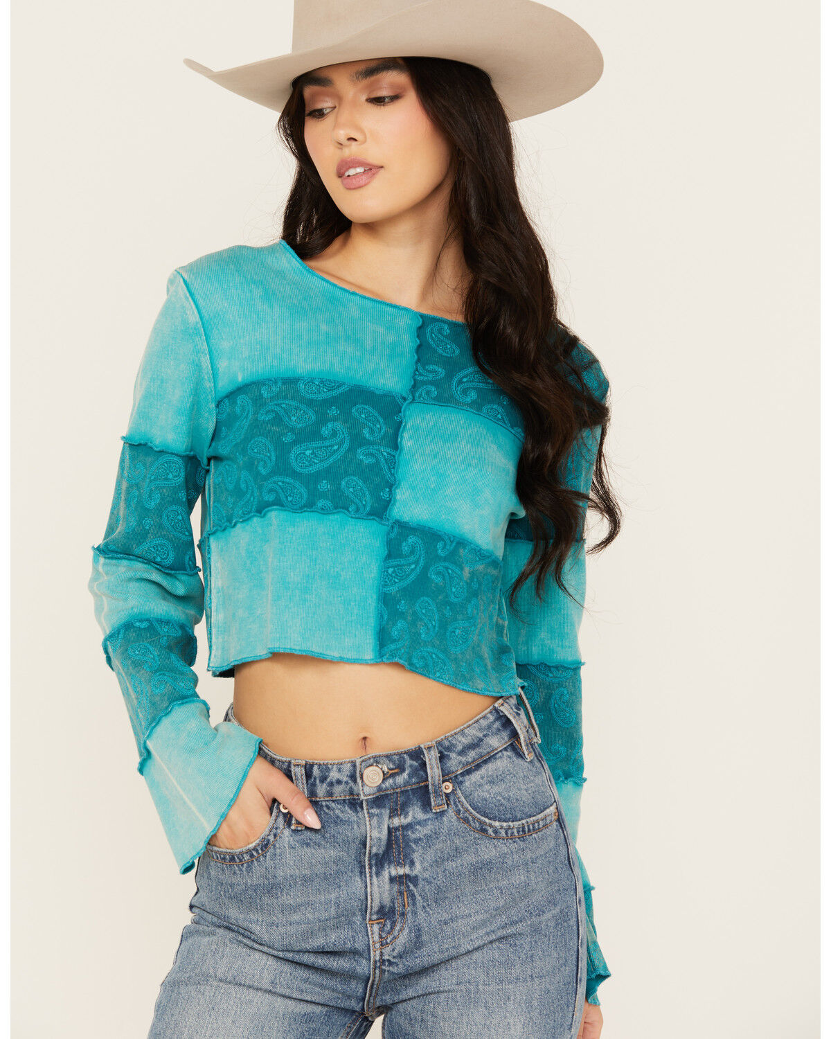 Image #1 - Rock & Roll Denim Women's Paisley Print Patchwork Long Sleeve Top, Blue, hi-res