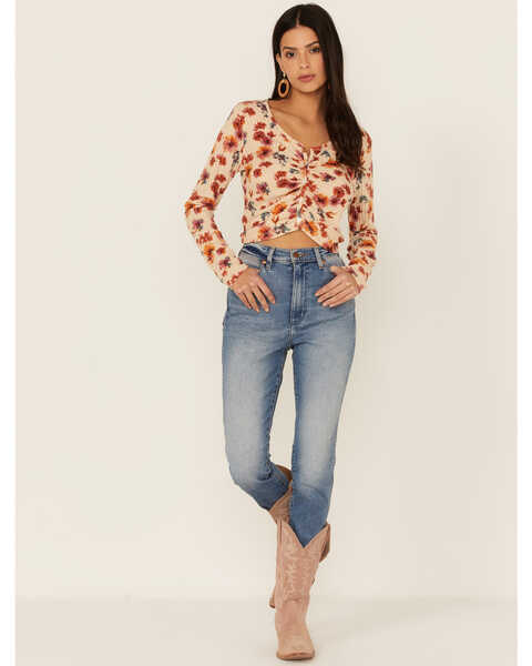 Image #4 - Wild Moss Women's Rust Long Sleeve Floral Button Cinch Front Knit Top , Rust Copper, hi-res