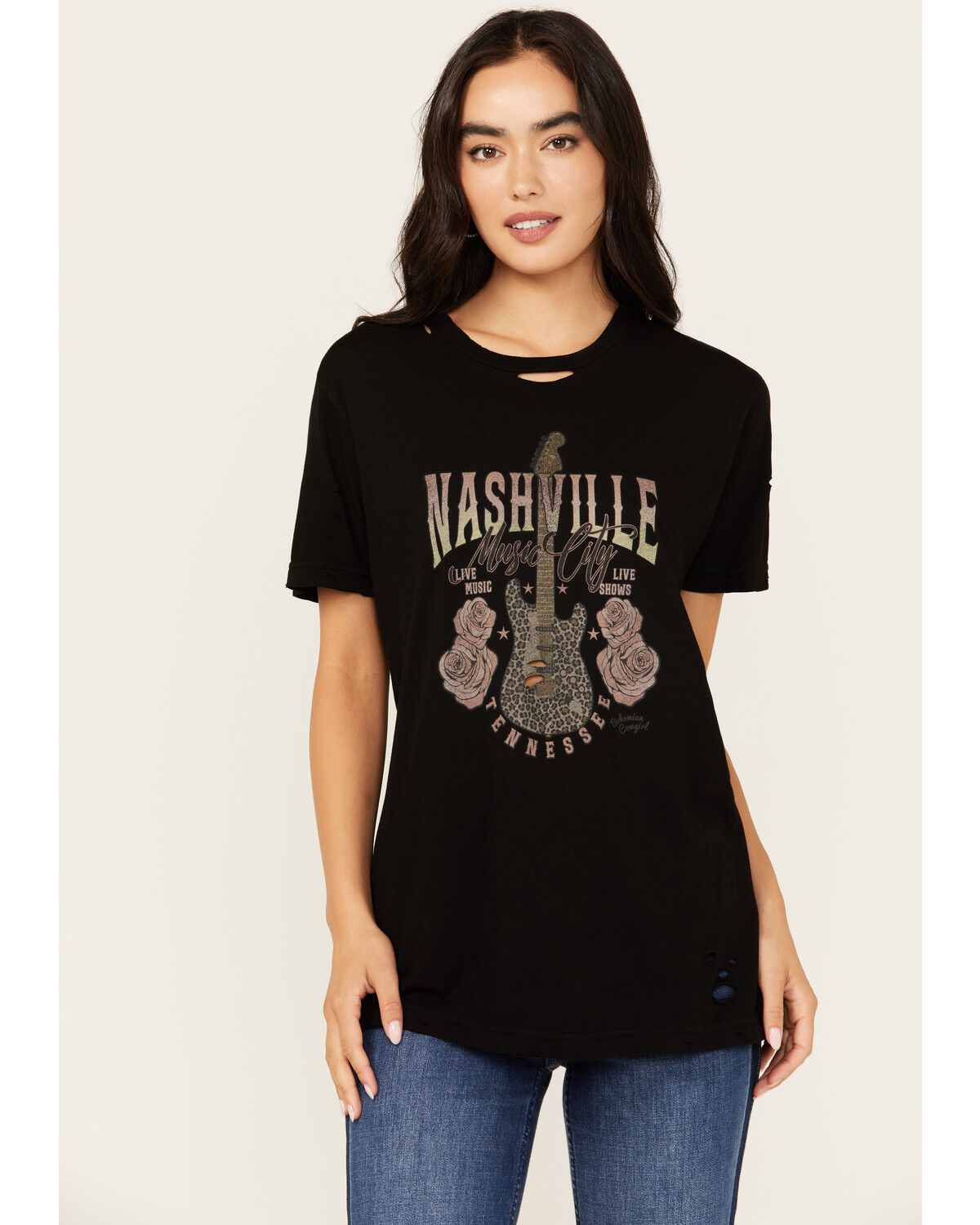 Image #1 - Bohemian Cowgirl Women's Nashville Leopard Guitar Destructed Short Sleeve Graphic Tee, Black, hi-res