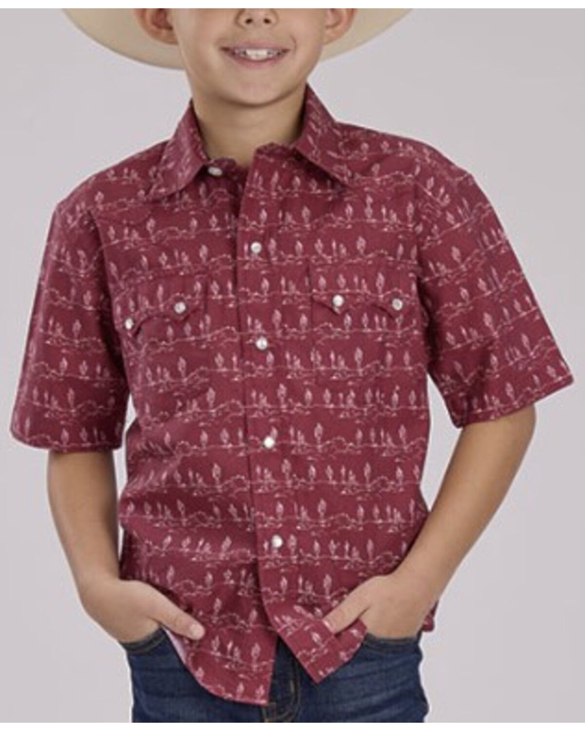 Image #1 - Roper Boys' Desert Print Short Sleeve Pearl Snap Western Shirt, Red, hi-res