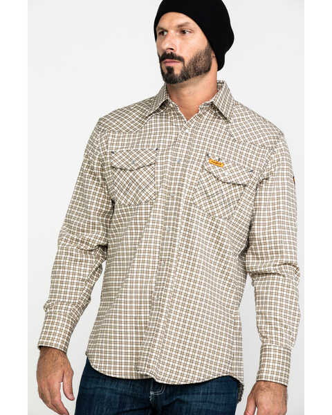 Image #1 - Wrangler Men's FR Plaid Print Long Sleeve Snap Work Shirt, Khaki, hi-res