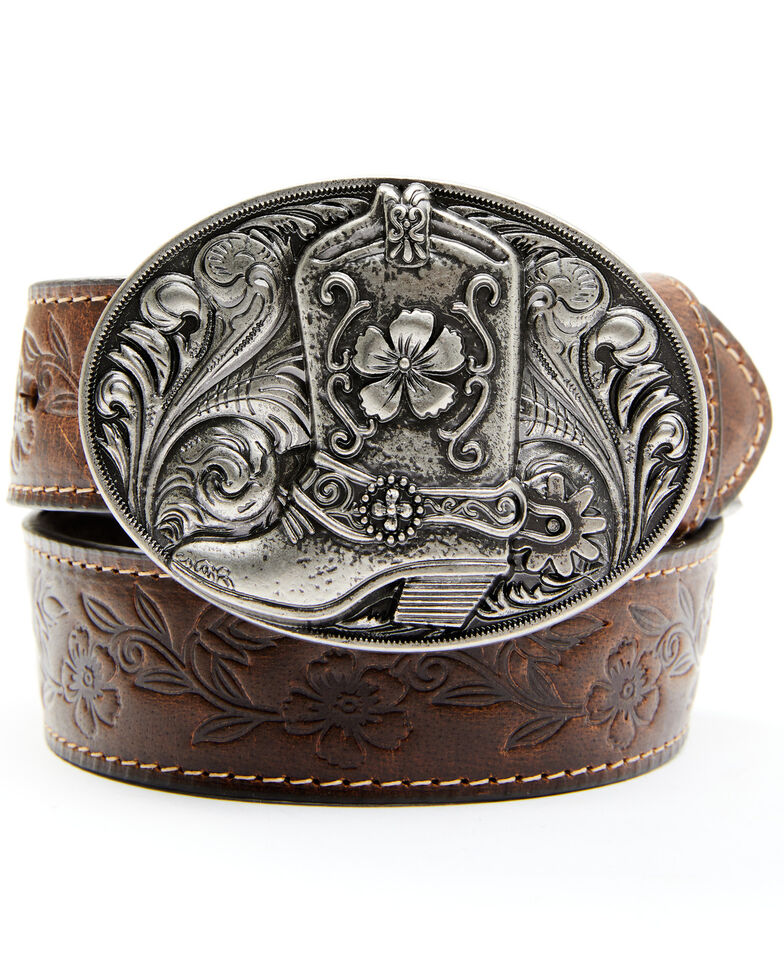 Shyanne Girls' Brown Embossed Floral Boot Belt , Brown, hi-res