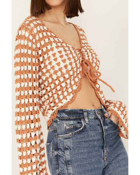 Image #2 - Rock & Roll Denim Women's Crochet Tie Front Long Sleeve Top, Tan, hi-res