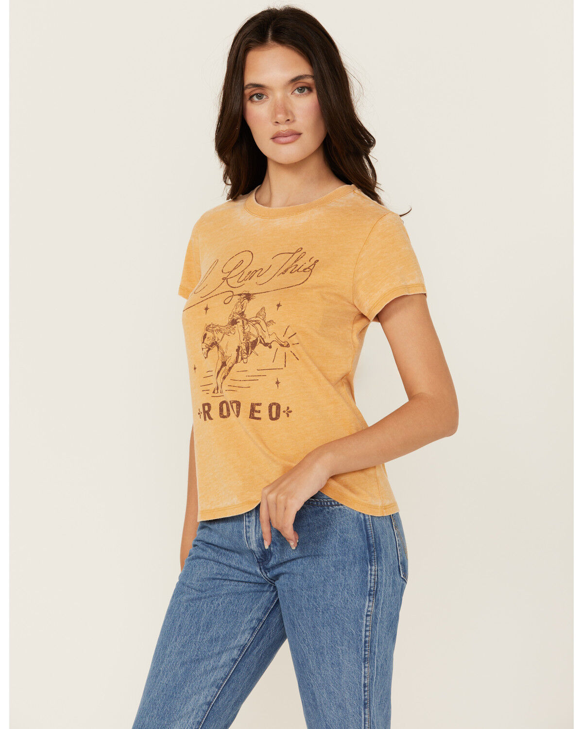 Image #1 - Idyllwind Women's I Run This Rodeo Short Sleeve Relaxed Graphic Tee, Dark Yellow, hi-res