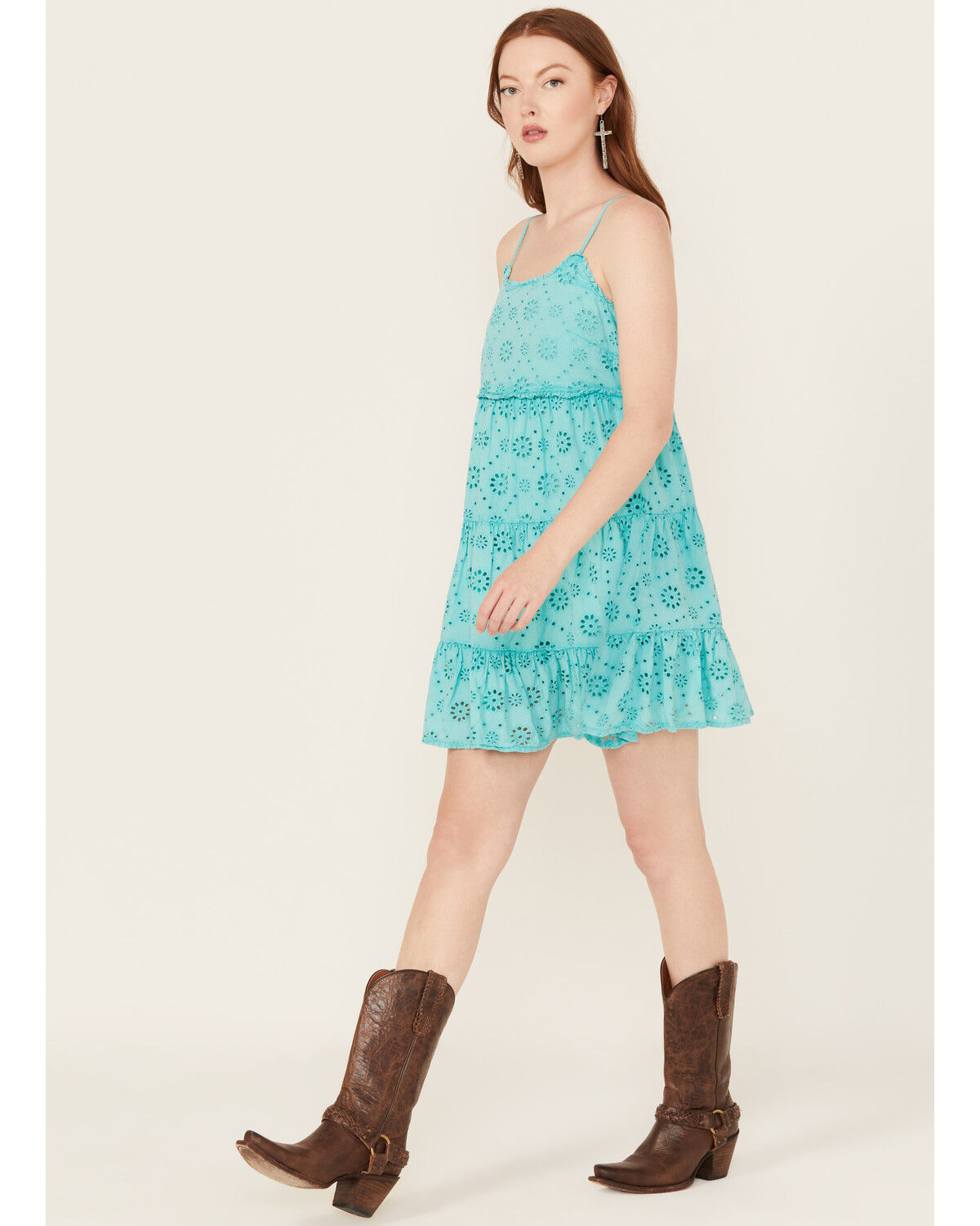 Image #2 - Rock & Roll Denim Women's Eyelet Sleeveless Mini Dress, Teal, hi-res