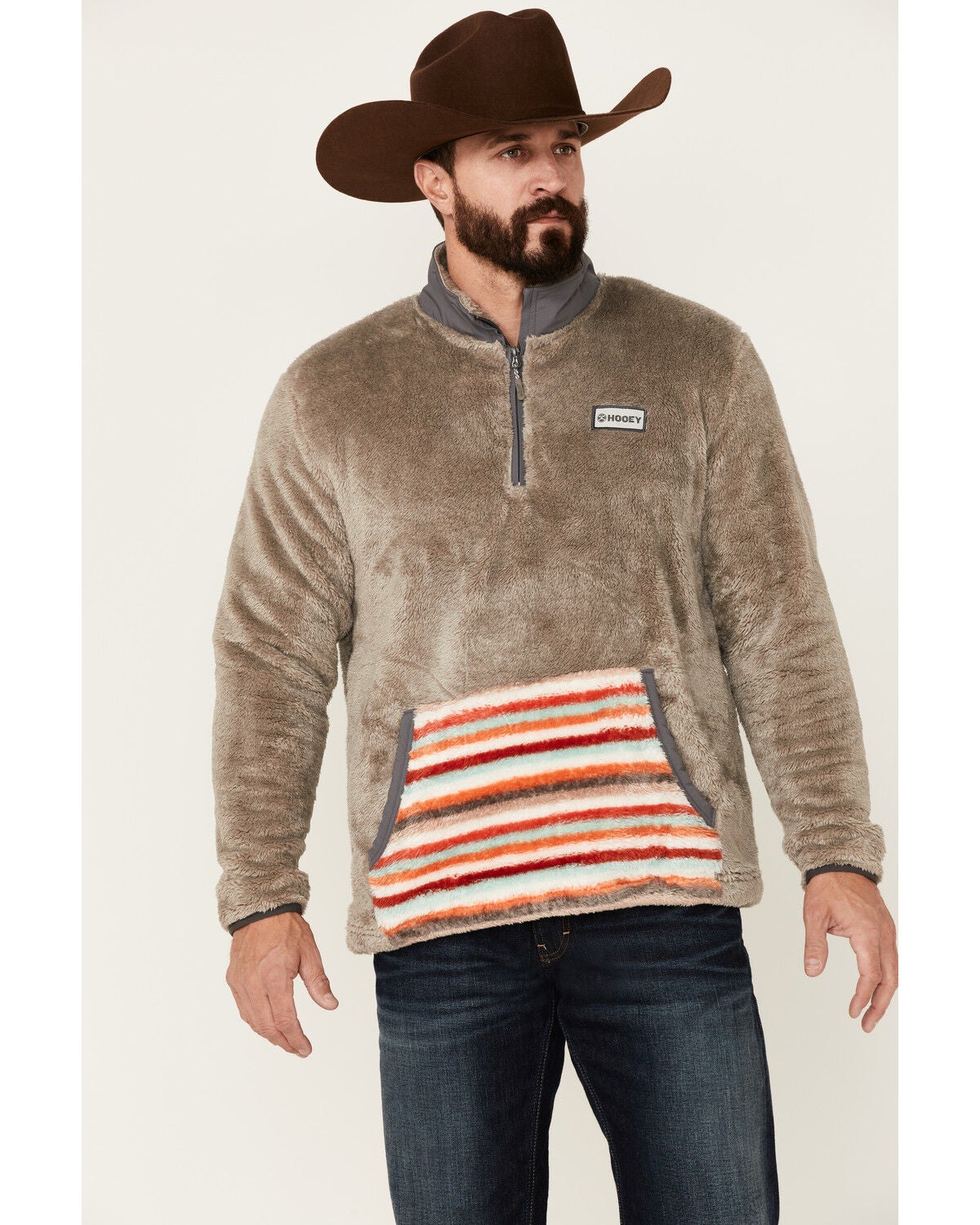 Hooey Men's Stripe Pocket 1/4 Zip Fleece Pullover, Brown, hi-res