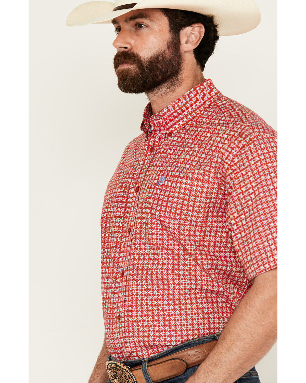 Image #2 - Cinch Men's Geo Print Short Sleeve Button-Down Western Shirt, Red, hi-res
