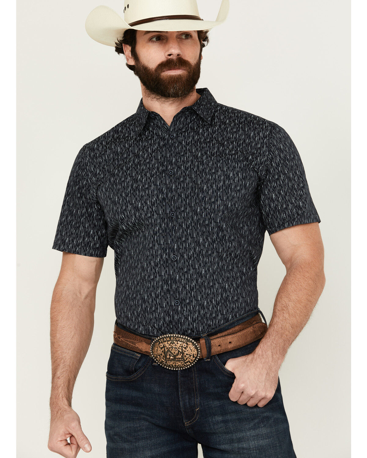 Image #1 - Gibson Men's Space Dot Geo Print Short Sleeve Button-Down Western Shirt, Navy, hi-res