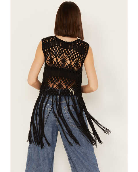 Image #4 - Rock & Roll Denim Women's Crochet Fringe Sleeveless Vest, Black, hi-res
