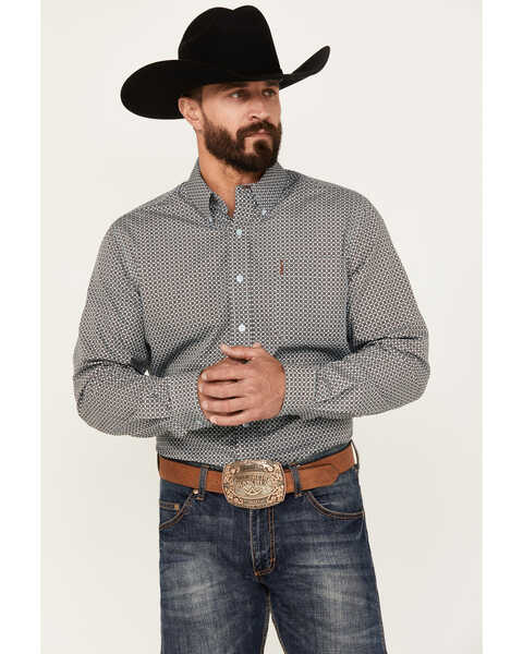 Cinch Men's Diamond Geo Print Long Sleeve Button-Down Western Shirt, Light Blue, hi-res