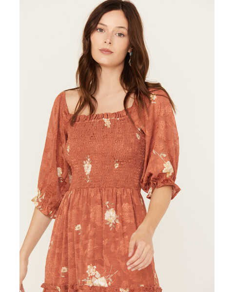 Image #2 - Wild Moss Women's Jacquard Smocked Front Dress, Rust Copper, hi-res