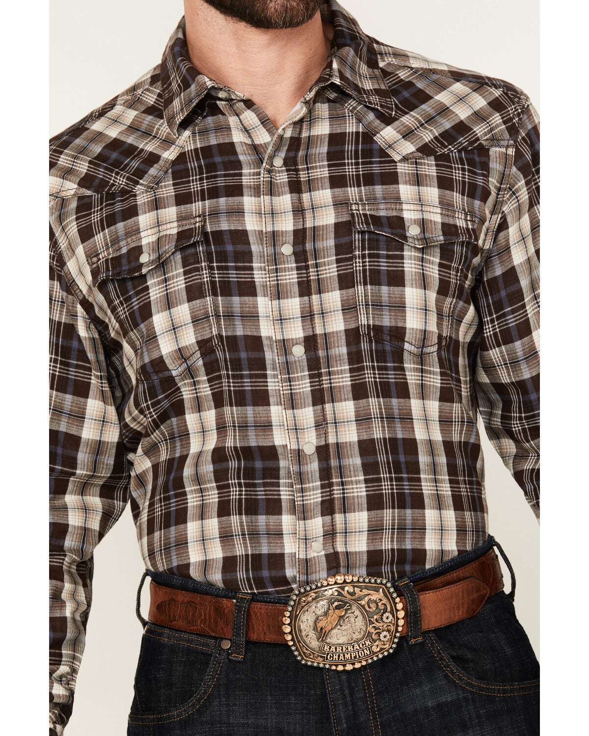 Image #3 - Wrangler Retro Men's Plaid Print Long Sleeve Snap Western Shirt, Brown, hi-res