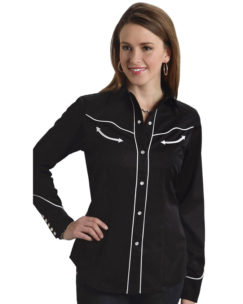 Roper Women's Americana Longhorn Western Shirt, Black, hi-res