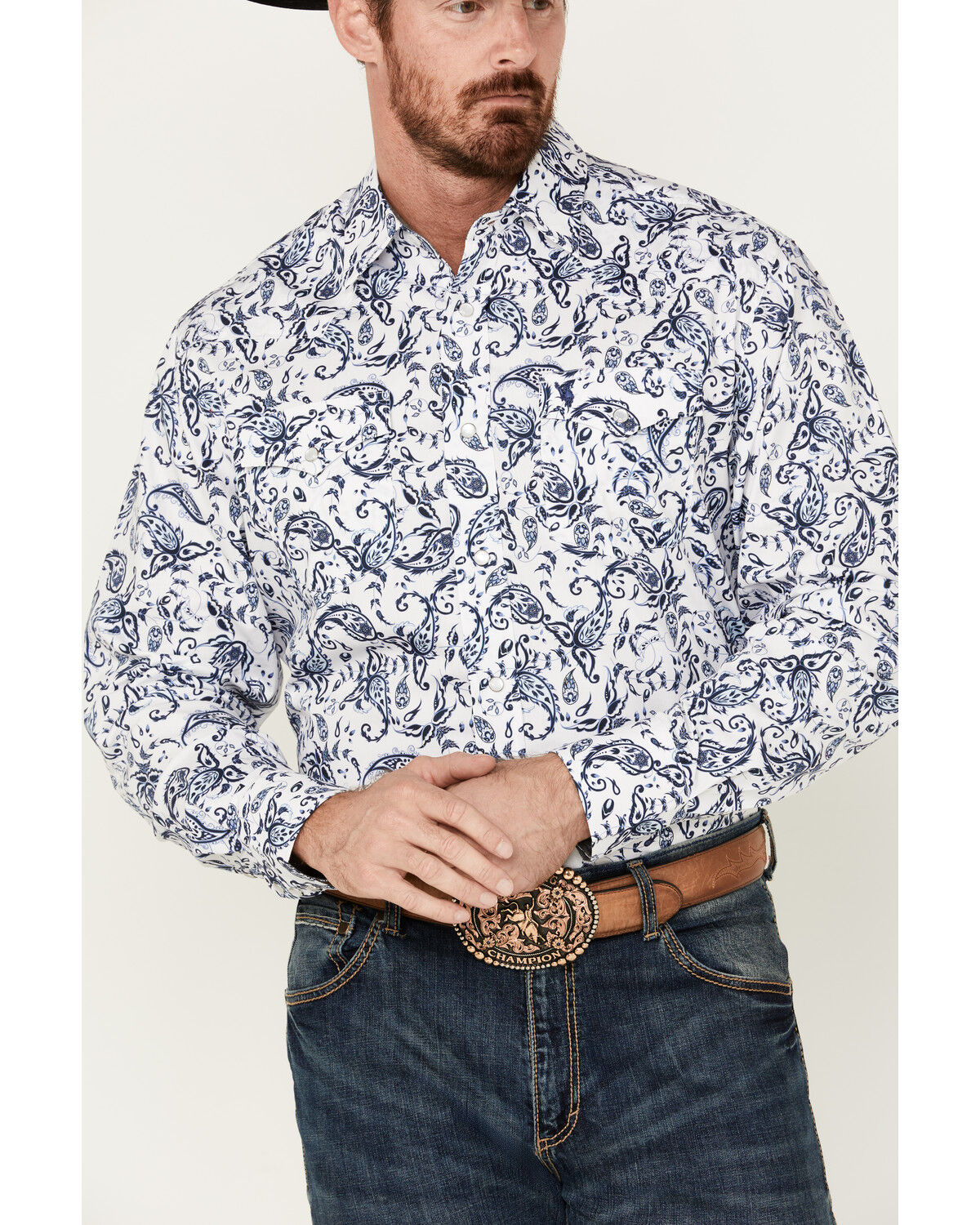 Image #3 - Rodeo Clothing Men's Floral Paisley Print Long Sleeve Pearl Snap Western Shirt, White, hi-res