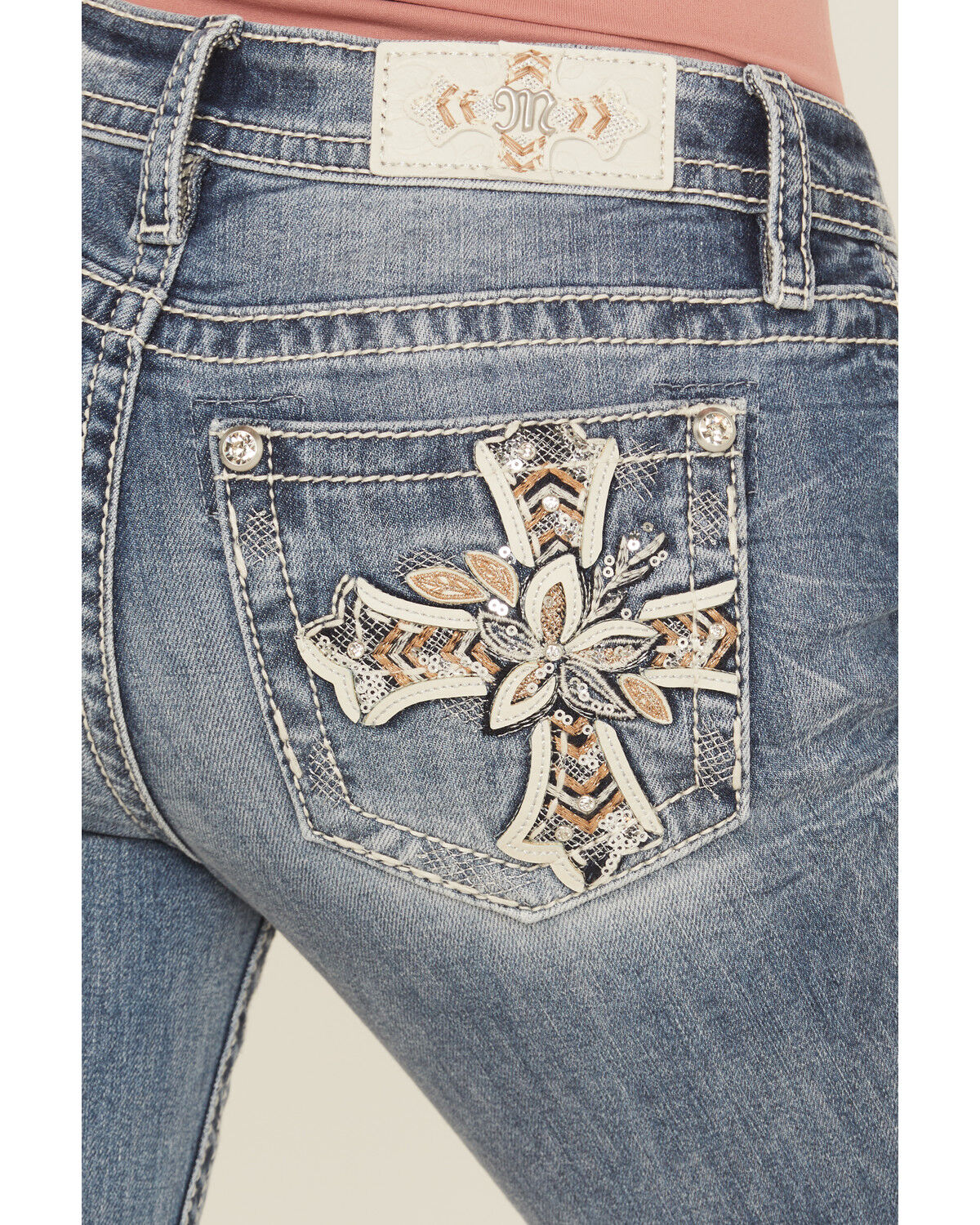Image #2 - Miss Me Women's Dark Wash Mid Rise Floral Cross Pocket Stretch Denim Jeans, Dark Wash, hi-res