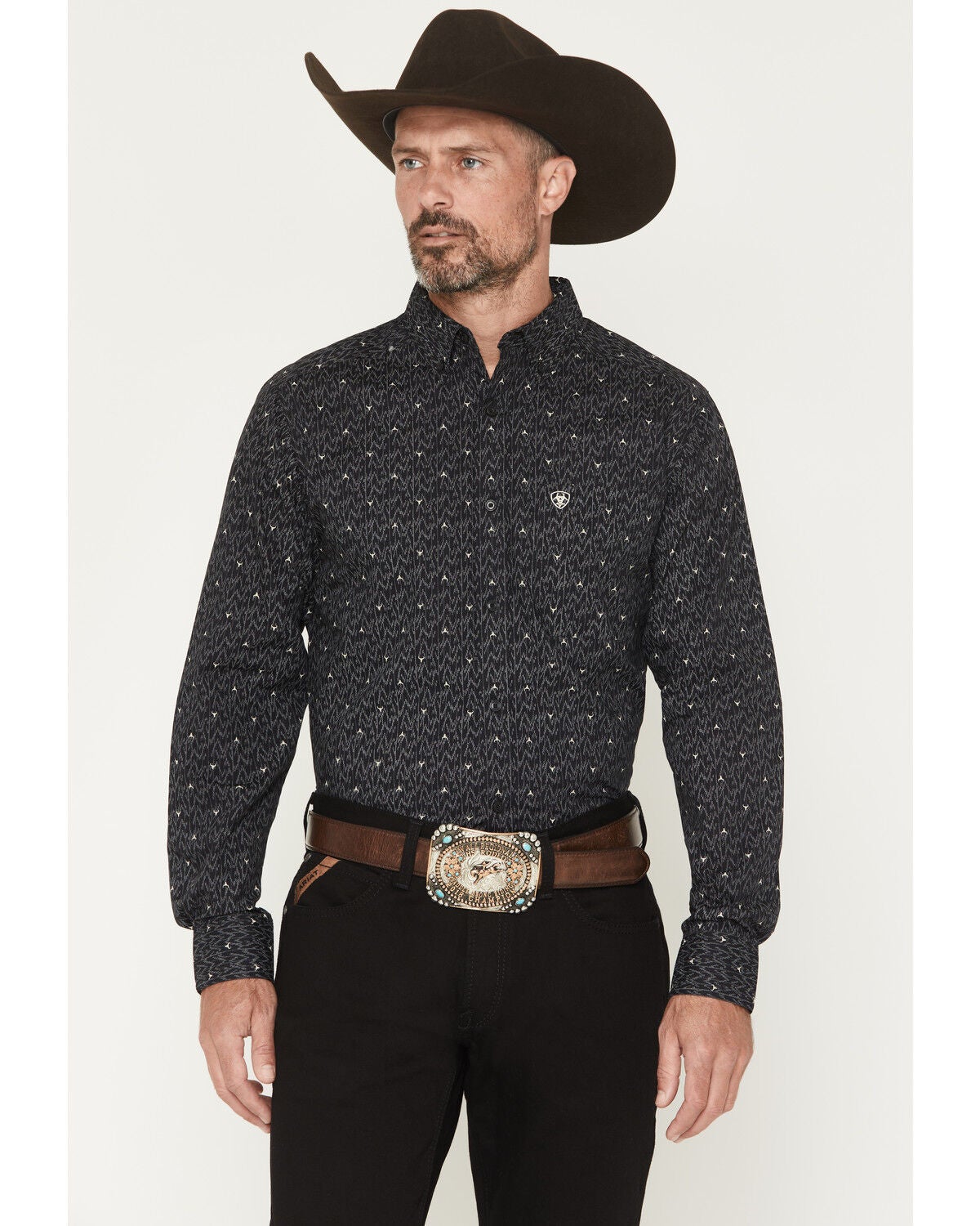 Ariat Men's Wheaton Steer Head Print Fitted Long Sleeve Western Shirt, Black, hi-res