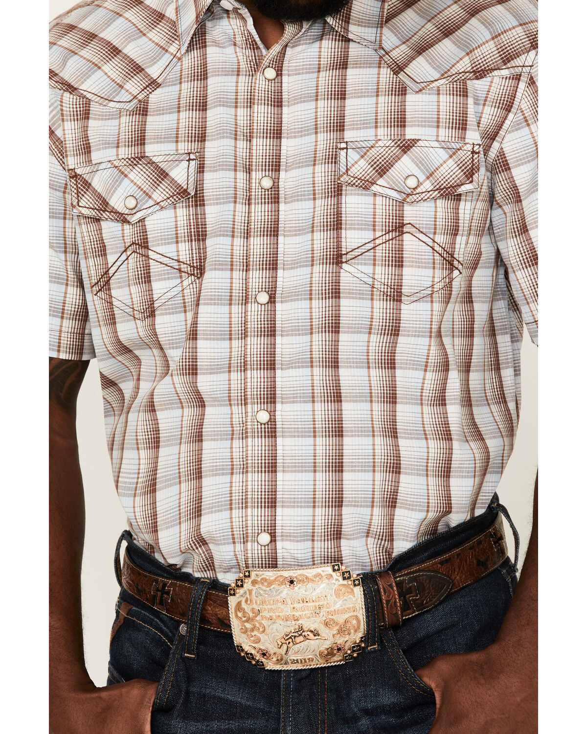 Image #3 - Cody James Men's Mount Vernon Small Plaid Short Sleeve Pearl Snap Western Shirt, Brown/blue, hi-res
