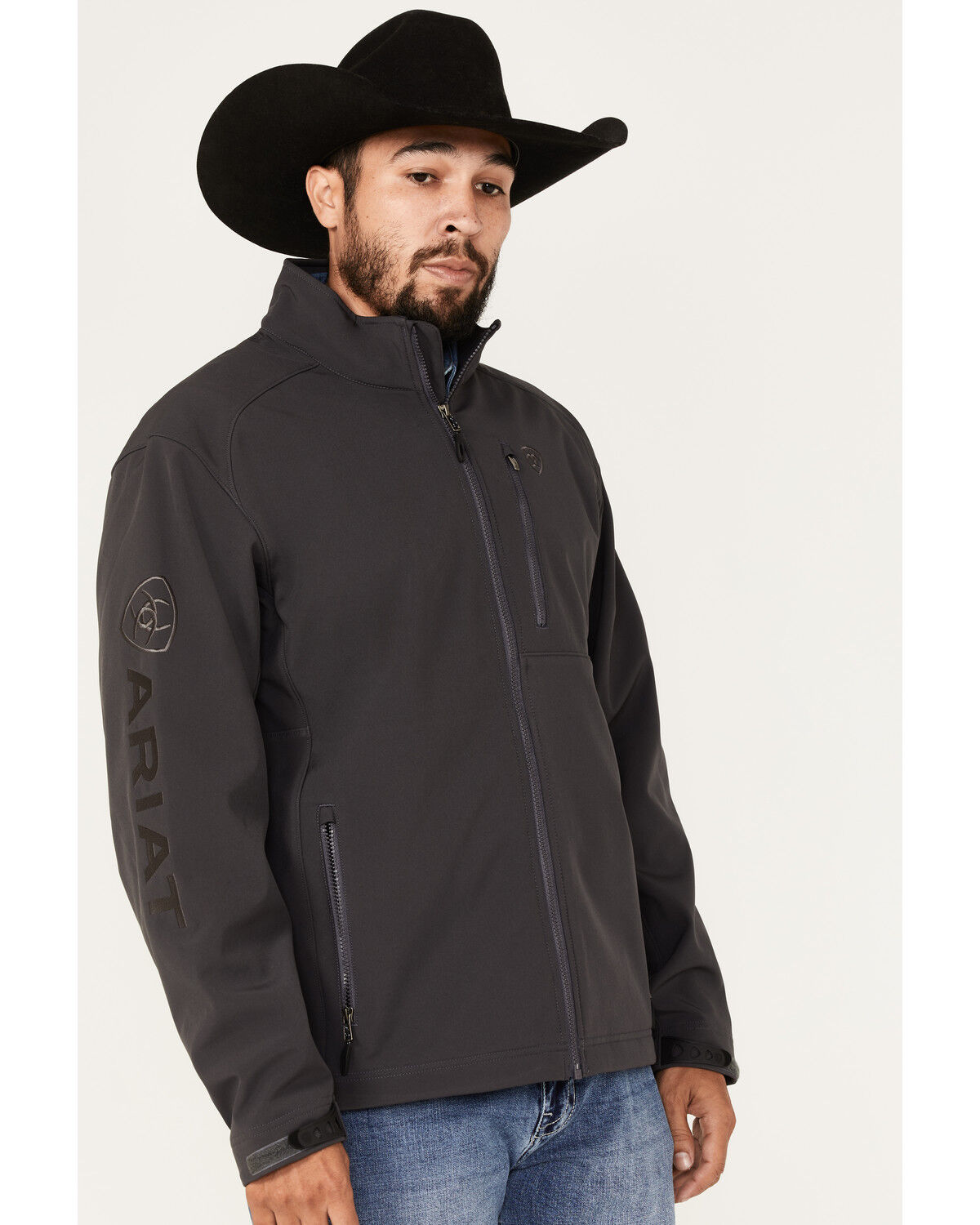 Image #2 - Ariat Men's Logo 2.0 Embroidered Zip Softshell Jacket - Tall, Dark Grey, hi-res