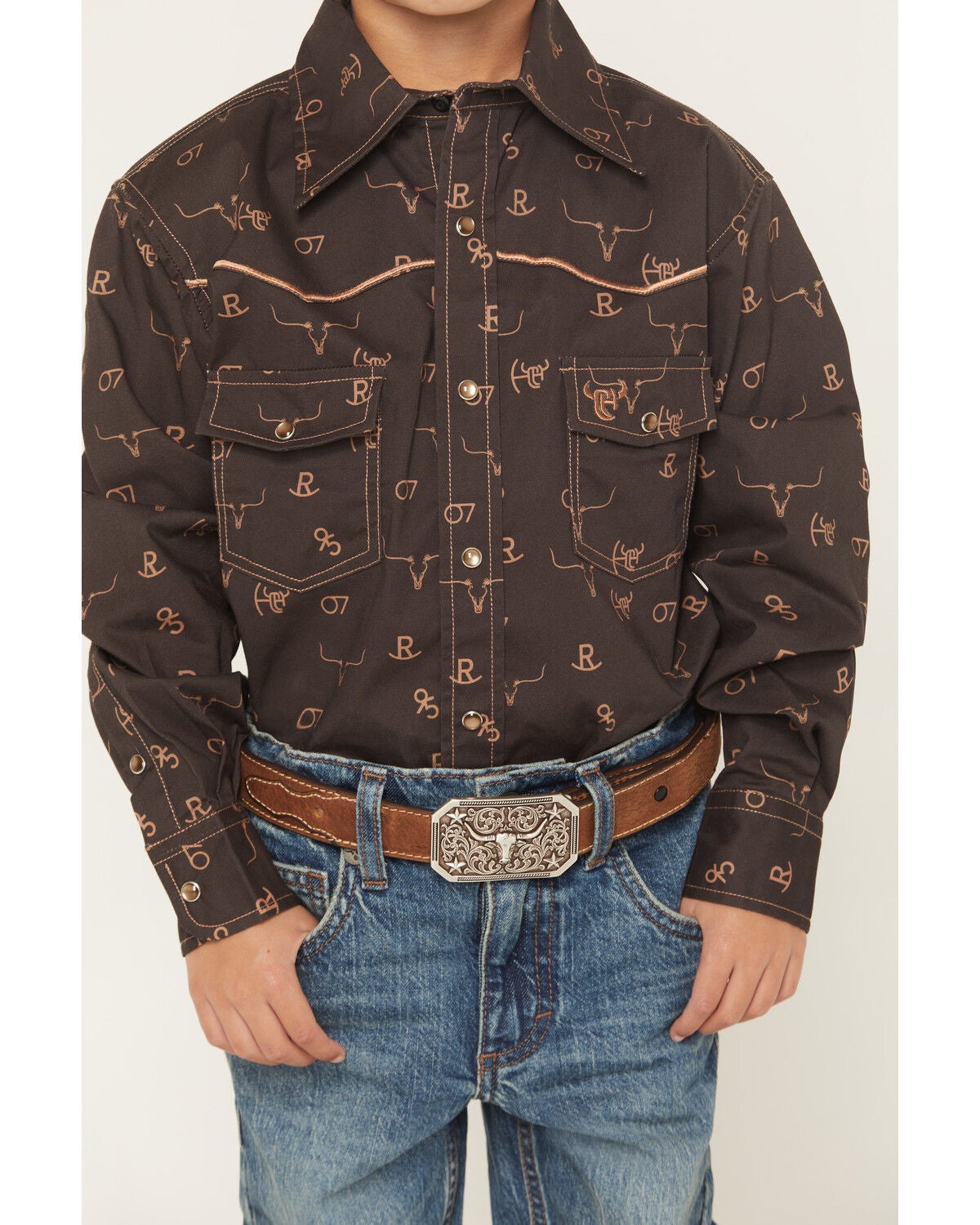 Image #3 - Cowboy Hardware Boys' Branding Iron Long Sleeve Snap Stretch Western Shirt, Brown, hi-res