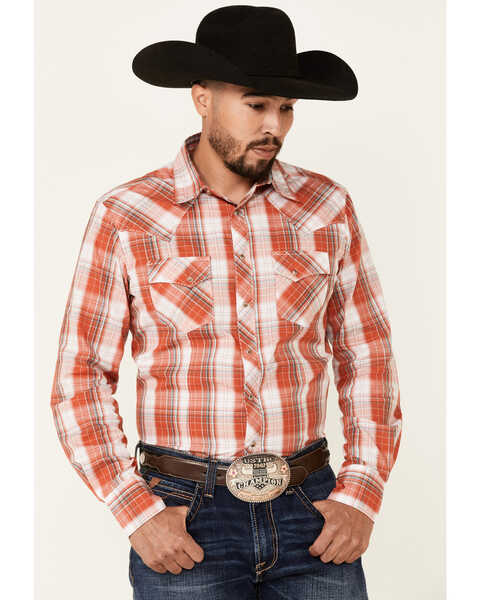 Image #1 - Wrangler Men's Orange Plaid Long Sleeve Fashion Snap Western Shirt , , hi-res