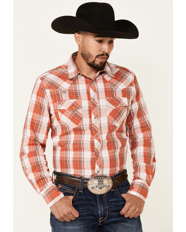 Wrangler Men's Orange Plaid Long Sleeve Fashion Snap Western Shirt , Orange, hi-res