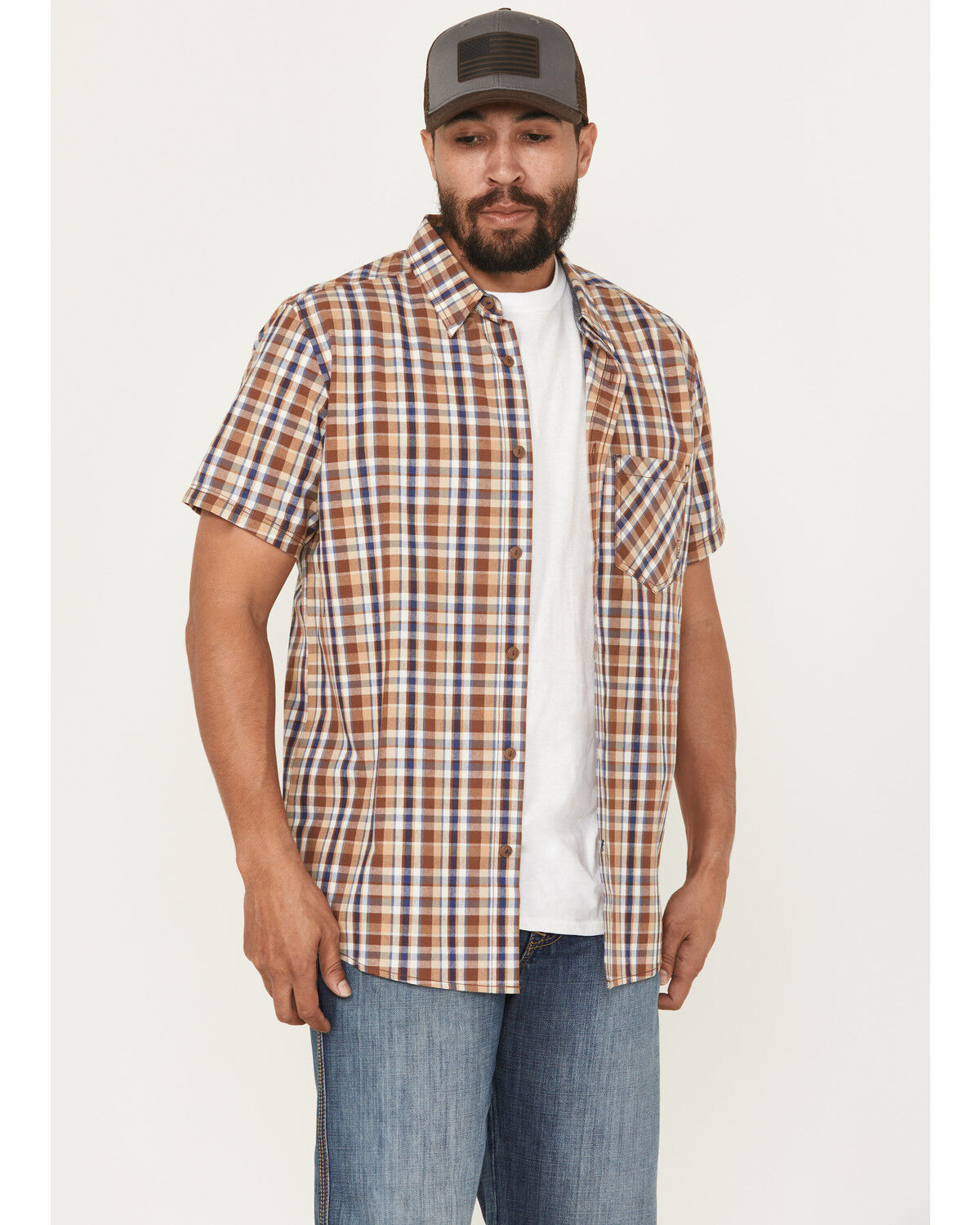 Image #1 - Brothers And Sons Men's Tehama Plaid Print Short Sleeve Button-Down Western Shirt, Brown, hi-res